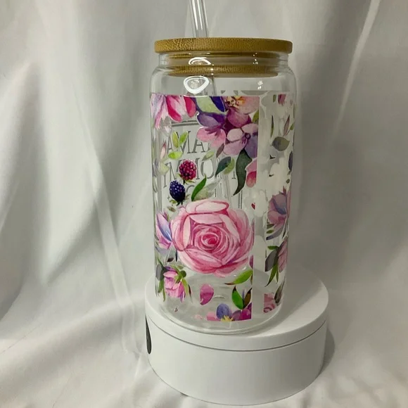 16 Ounce Handmade Clear Glass Can Cup, W/Lid & Straw, Mama Floral - Picture 9 of 13